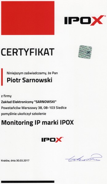 Certyfikat Monitoring IP marki IPOX