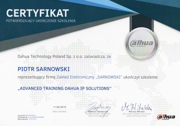 Certyfikat advanced training dahua ip solutions